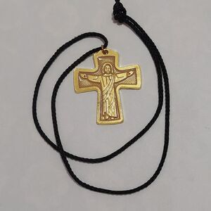 Christian Catholic Large Gold Tone Cross Pendant Black Cord Necklace